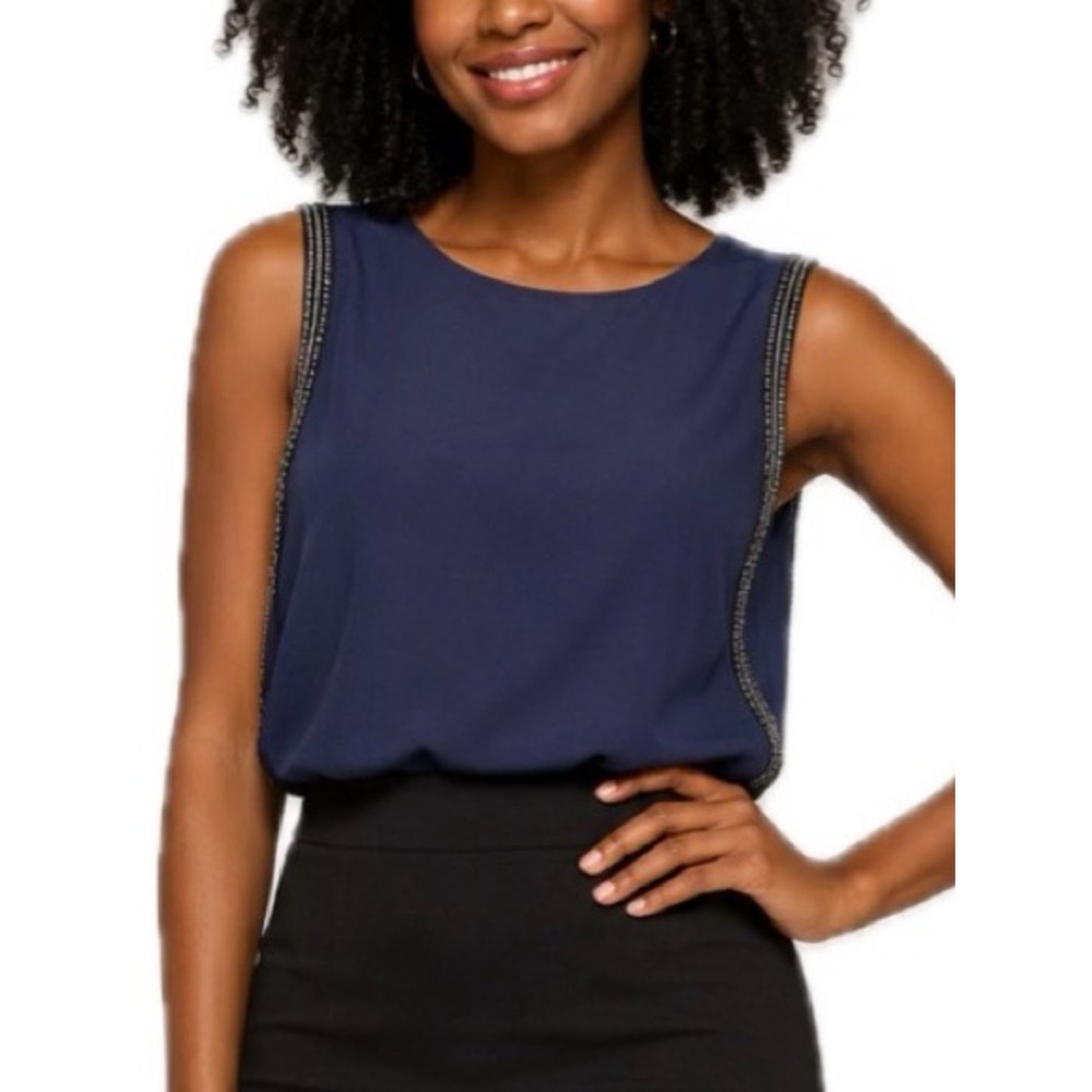 MLV Women's M Blue Round Neck Sleeveless Silk Chiffon Beaded Blouse
